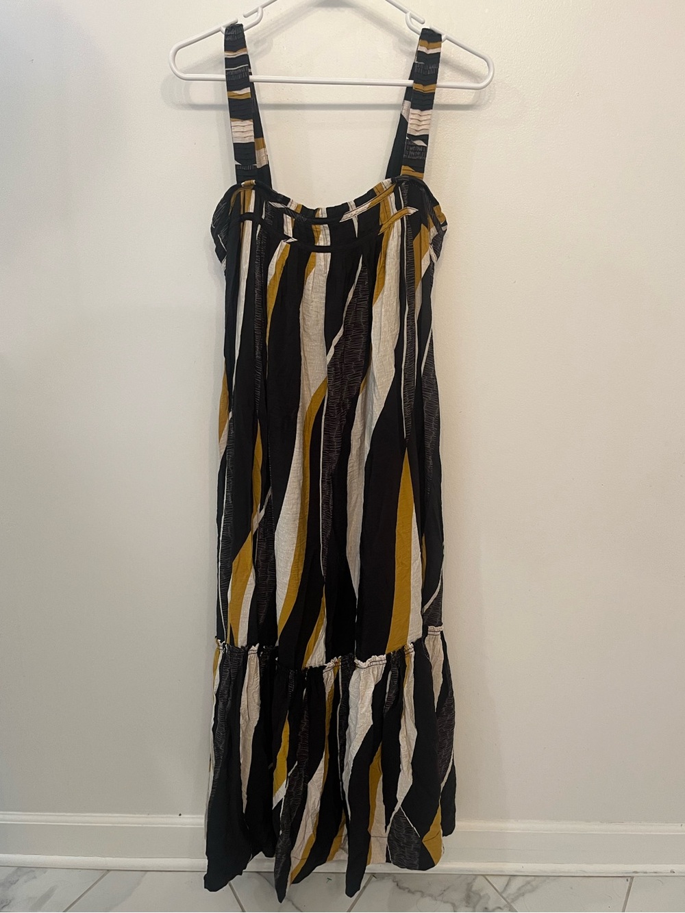 Anthropologie Black, White & Mustard Striped Square Neck Maxi Dress